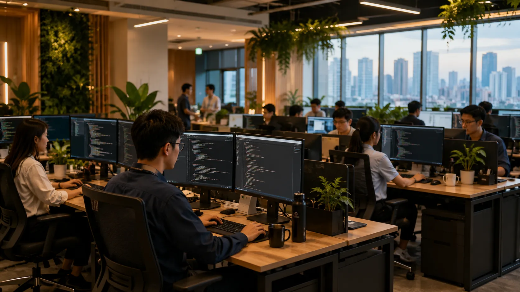 Vietnamese professionals in conversation during a coffee break at a modern office